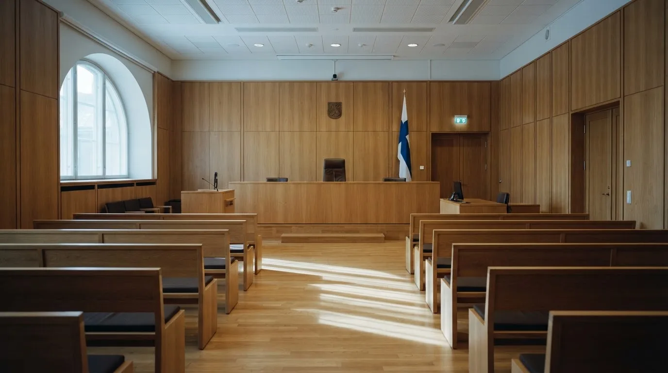 Tyhjä oikeussali puupaneeleineen aamuvalossa — 1 euro ilmaista pelirahaa ilman talletusta