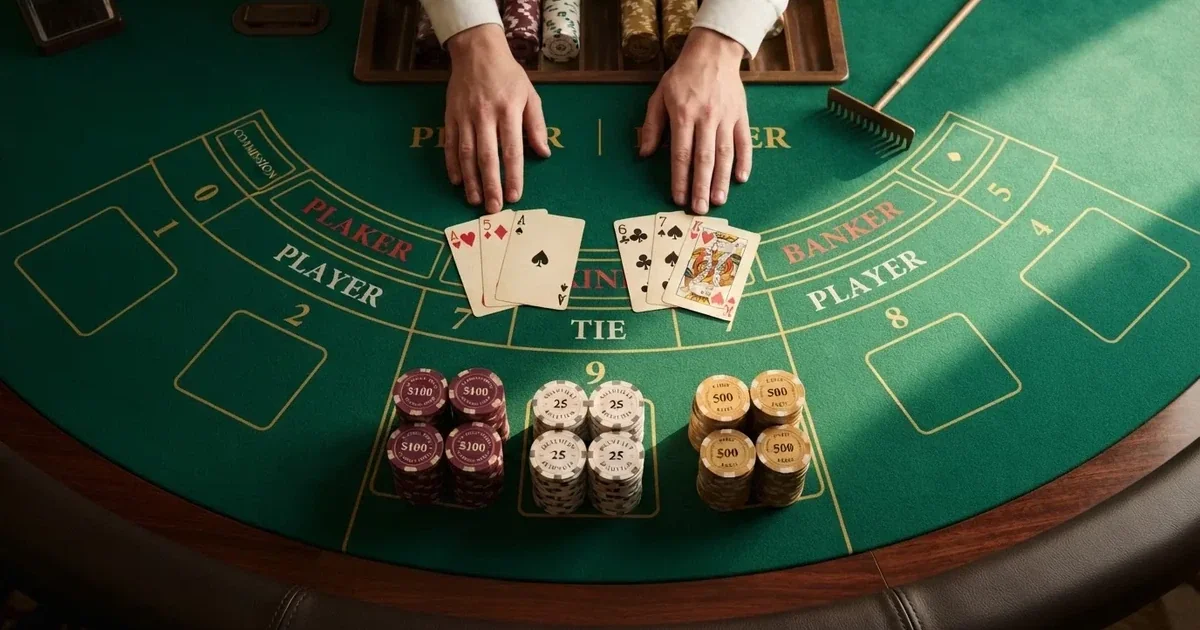 Valaistu pelipöytä ja pelikortit ylhäältä kuvattuna — baccarat kasinopelit