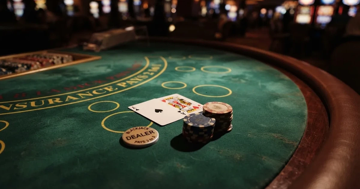 Valaistu pelipöytä ja pelikortit ylhäältä kuvattuna — casino ventti