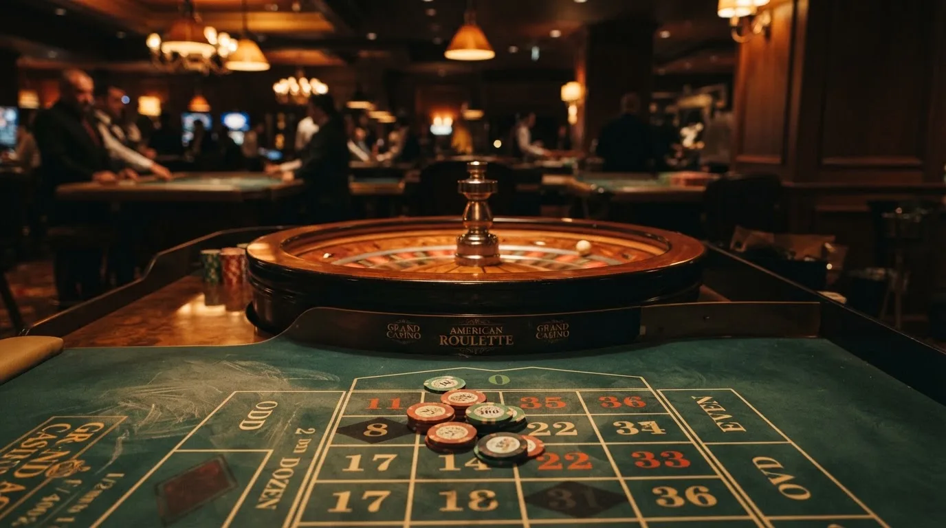 Rulettipyörä ja pelimerkit vihreällä huovalla lämpimässä iltavalossa — casino ventti