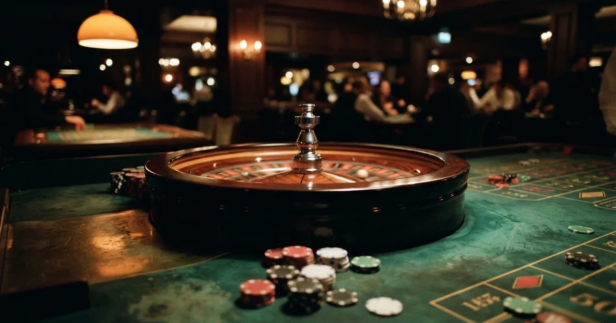 Rulettipyörä ja pelimerkit vihreällä huovalla lämpimässä iltavalossa — heti voitot casino
