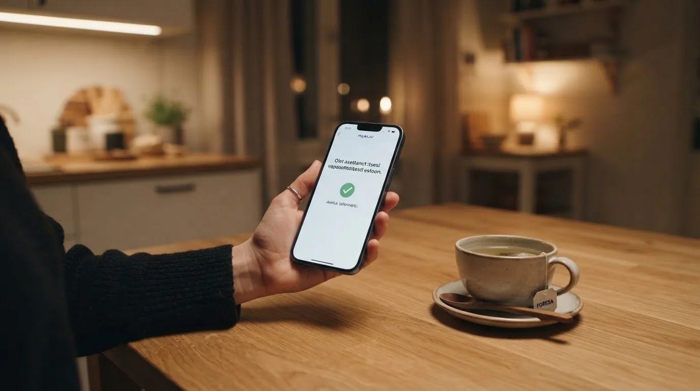 Käsi pitää puhelinta teekupin vieressä keittiön pöydän ääressä rauhallisena iltana — kaikki suomalaiset nettikasinot
