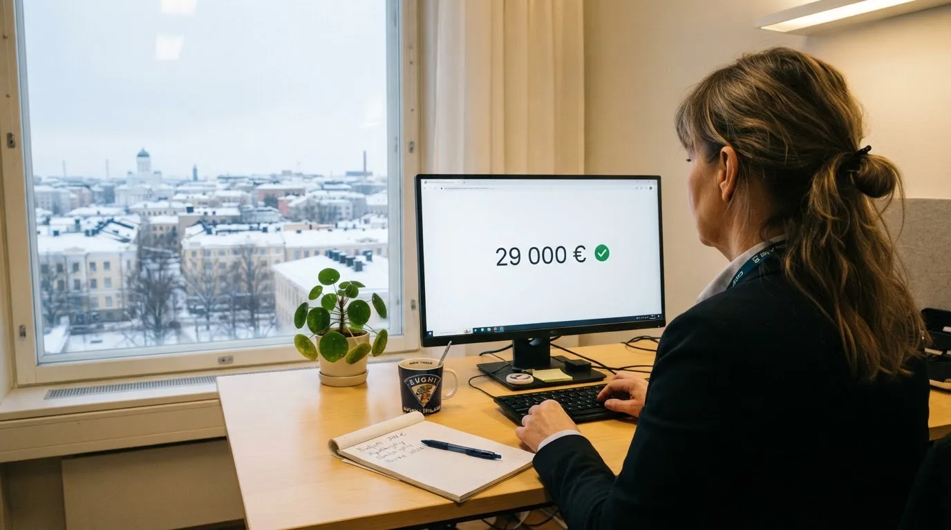 Virkailija istuu vaaleassa virastohuoneessa tietokoneen ääressä, ikkunasta näkyy talvinen kaupunkimaisema.