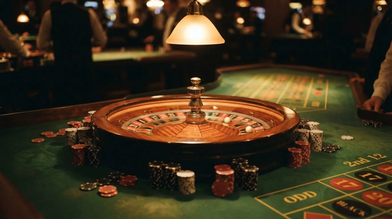 Rulettipyörä ja pelimerkit vihreällä huovalla lämpimässä iltavalossa — kolikkopelit casino pelit