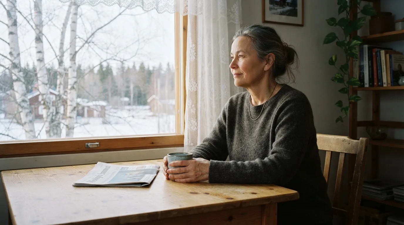 Henkilö istuu keittiön pöydän ääressä teekupin kanssa katsoen ulos ikkunasta rauhallisesti.