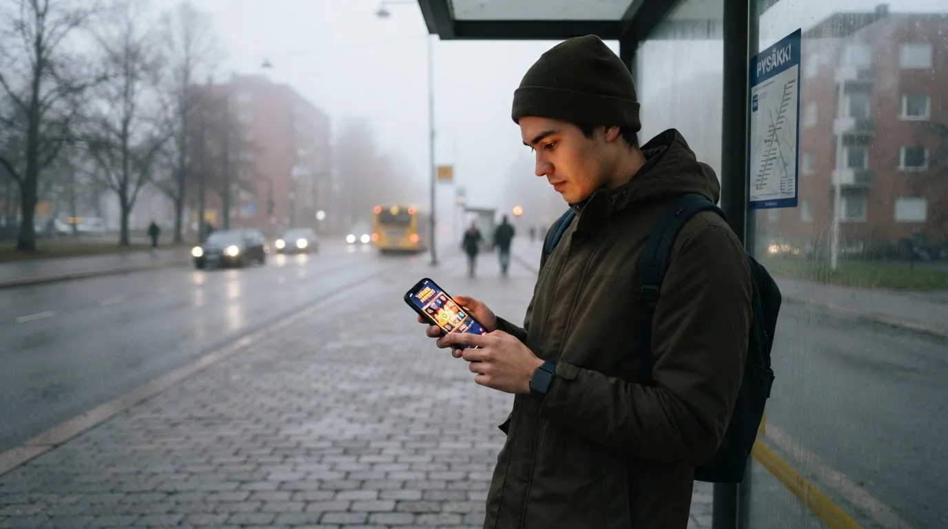 Nuori mies selaa älypuhelinta bussipysäkillä odottaessaan iltapäivällä, taustalla sumuinen katunäkymä.