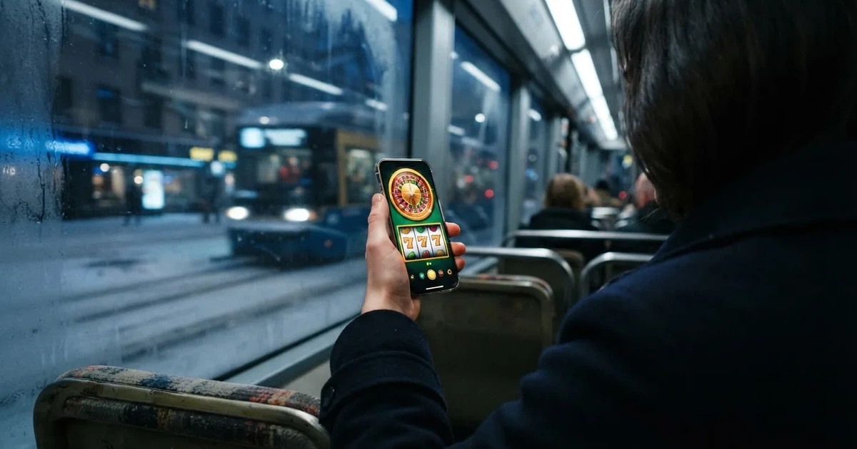 Puhelin kädessä Helsingin raitiovaunussa talvi-iltana — mobiilikasino puhelimessa