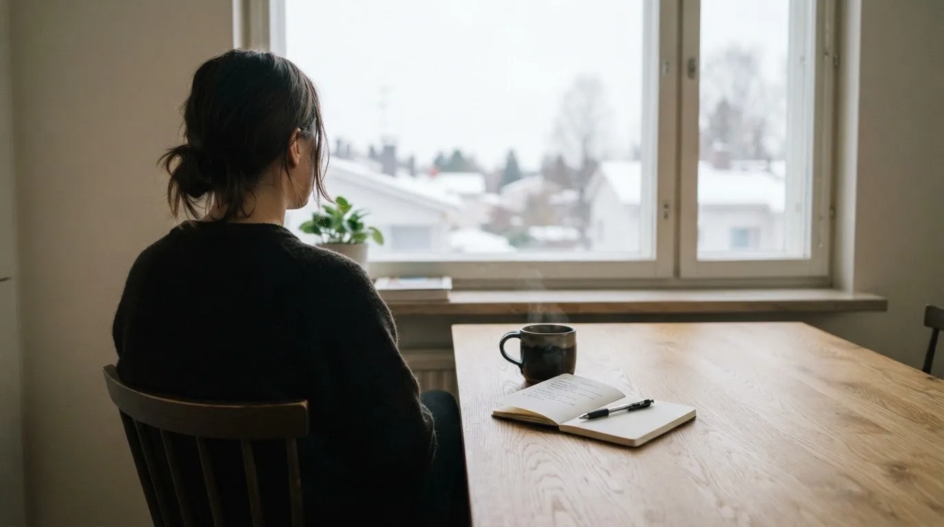 Henkilö istuu keittiön pöydän ääressä teekupin kanssa katsellen ulos ikkunasta aamulla.
